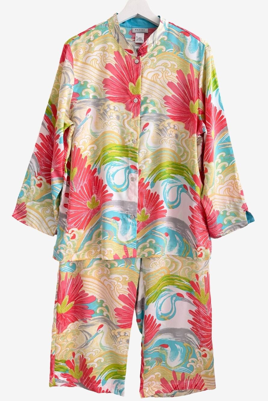 Natori Pajama Set Large Asian Floral Crane Bird Print Satin Top Drawstring Pant